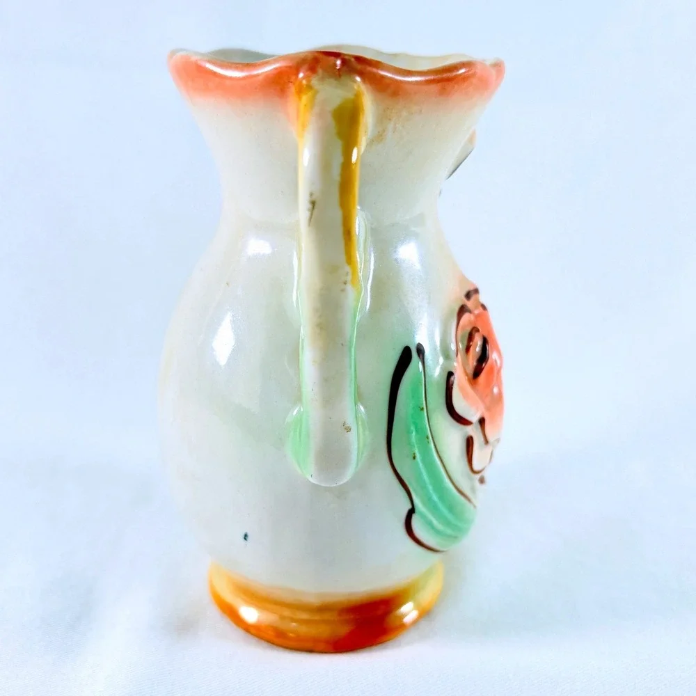 Vintage 3D Embossed Floral Ceramic Lusterware Vase Double Handle Made in Brazil